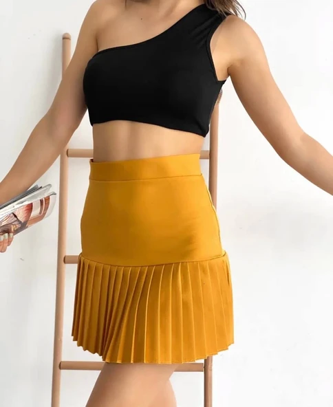 Altı pliseli mini etek hardal s24705 ürün görseli