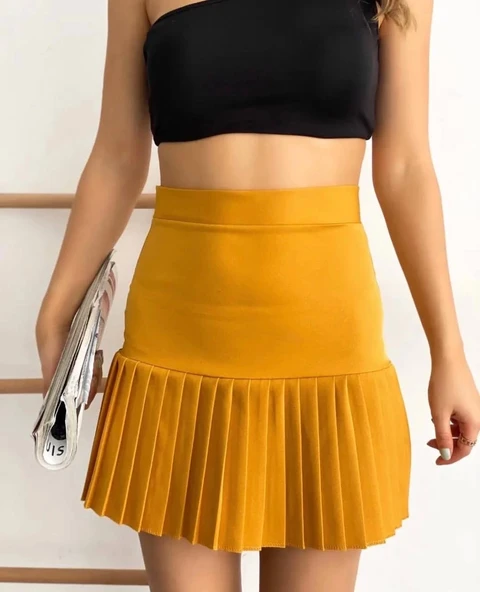 Altı pliseli mini etek hardal s24705 - 3