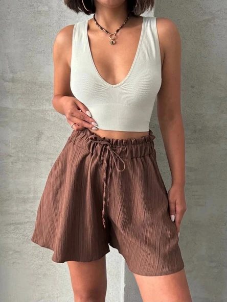 Volanlı keten şort kahve s255058