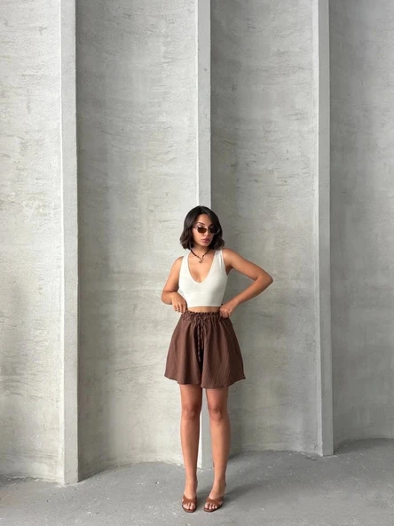 Volanlı keten şort kahve s255058 - 4