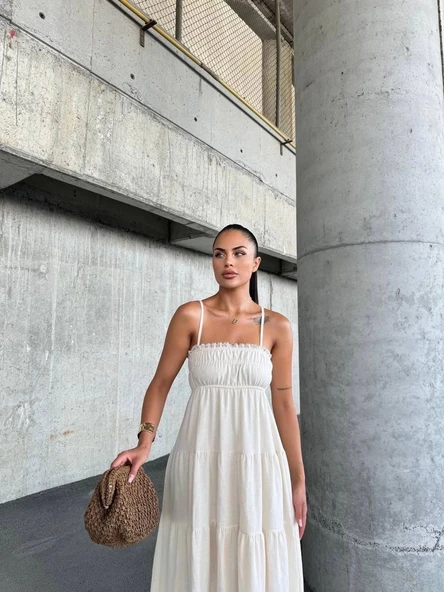 Dantelli askılı keten elbise s4310 - 3