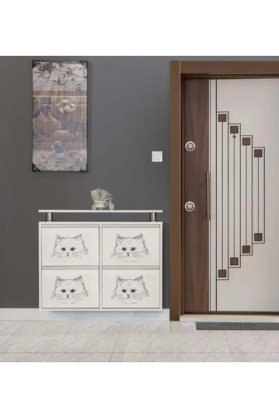 medikaltec 2+2 Metal Ayakkabılık (Beyaz-Kedi) | Modern Tasarım ve Geniş İç Hacim - 1