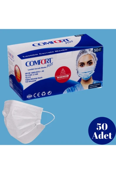 Comfort Plus 3 Katlı Cerrahi Maske Full Ultrasonic Meltblown Filitreli Telli Maske (50li Paket) ürün görseli