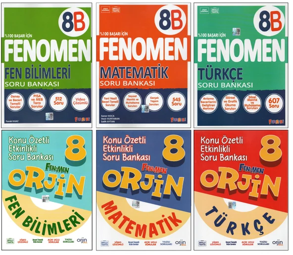 FENOMEN 8. SINIF (8B) FEN B.+METEMATİK+TÜRKÇE+ORJİN FEN B.+MATEMATİK+TÜRKÇE (6 KİTAP)