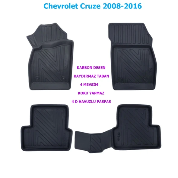 Chevrolet Cruze 2008-2016 4D Premium Havuzlu Paspas-Kaydırmaz Taban
