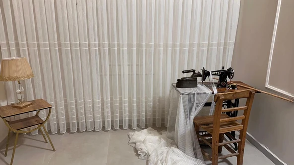 NİVEMESHOME MEVRA ALTIN ÇİZGİLİ 1/3 SIK PİLELİ TÜL PERDE APM - 5