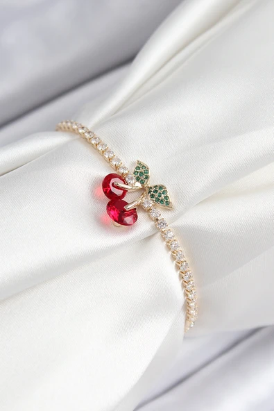 Pirinç Zirkon Taşlı Kiraz Model Gold Renk Asansörlü Kadın Bileklik - EBJ250726W36659 ürün görseli