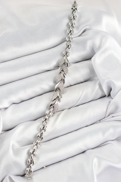 Pirinç Zirkon Taşlı Balık Kuyruğu Model Gümüş Renk Kadın Bileklik - EBJ250726W36798 - Resim 2