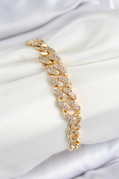 Pirinç Zirkon Taşlı Küba Zincir Model Gold Renk Kadın Bileklik - EBJ250726W36801 ürün görseli