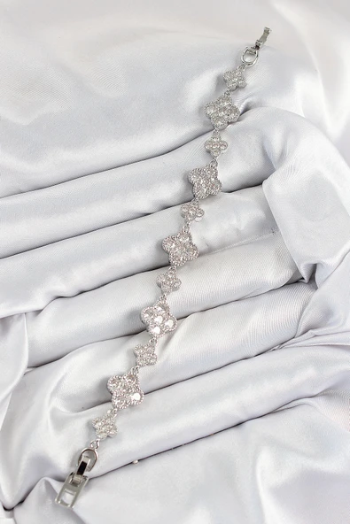 Pirinç Zirkon Taşlı Yonca Model Gümüş Renk VIP Seri Kadın Bileklik - EBJ250726W36789 - Resim 2