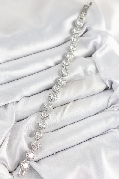 Pirinç Zirkon Taşlı Daire Baget Model Gümüş Renk VIP Seri Kadın Bileklik - EBJ250726W36781 - Resim 2