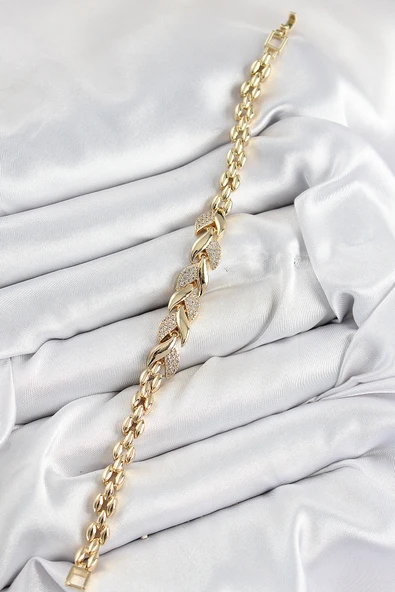 Pirinç Zirkon Taşlı Balık Kuyruğu Model Gold Renk Kadın Bileklik - EBJ250726W36797 - Resim 2