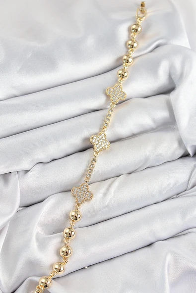 Pirinç Zirkon Taşlı Yonca Model Gold Renk Kadın Bileklik - EBJ250726W36829 - Resim 2
