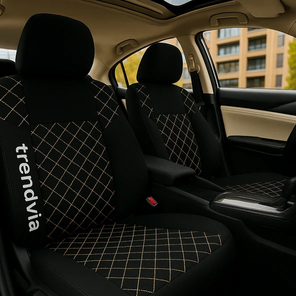 Siyah Bej Nakışlı Oto Koltuk Kılıfı Takımı Penye Kumaş Kapitone Desen Ön Arka Set