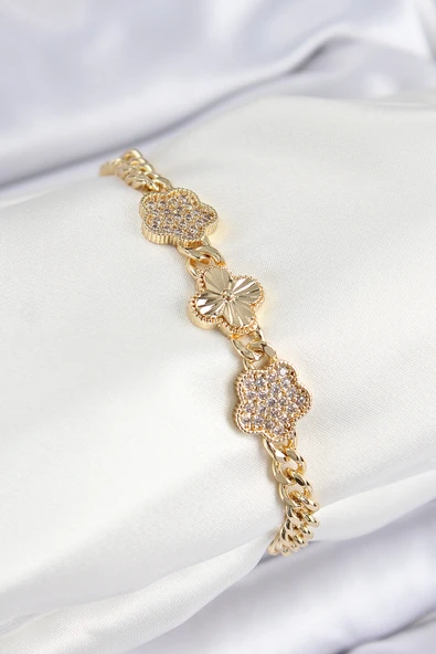 Pirinç Zirkon Taşlı Yonca Model Gold Renk Kadın Bileklik - EBJ250726W36815 ürün görseli