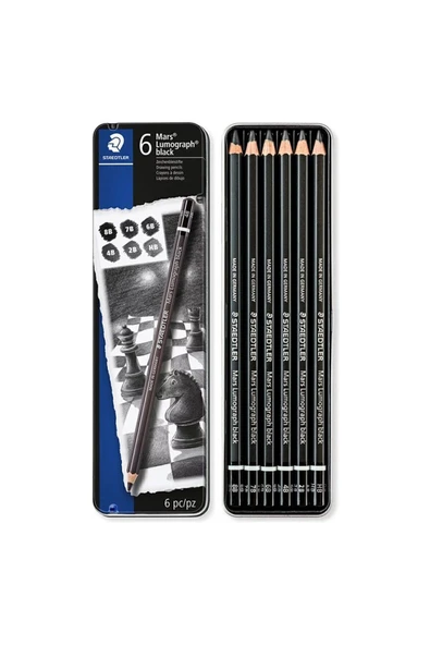 Staedtler  Mars Lumograph Black Dereceli Kalem 6 lı Set Metal Kutu - 1