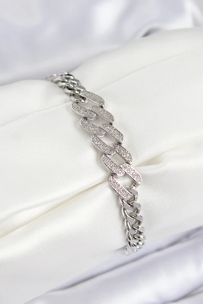 Pirinç Zirkon Taşlı Ezme Küba Zincir Model Gümüş Renk Kadın Bileklik - EBJ250726W36818 ürün görseli