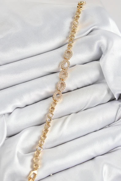 Pirinç Zirkon Taşlı Oval Model Gold Renk Kadın Bileklik - EBJ250726W36811 - Resim 2