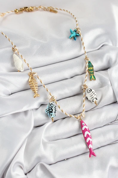 Seramik Motifli Pembe Balık Figürlü Model Krem İp Kadın Kolye - EBJ250726W36929 - Resim 2