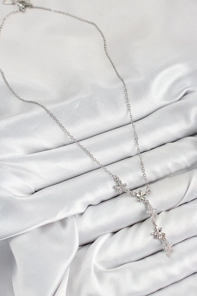 Zirkon Taşlı Çiçek Model Gümüş Renk Kadın Kolye - EBJ250726W36937 - Resim 2