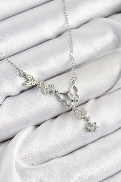 Zirkon Taşlı Kelebek Model Gümüş Renk Kadın Kolye - EBJ250726W36935 ürün görseli