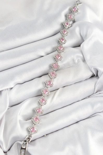 Pirinç Zirkon Taşlı Pembe Yonca Baget Model Gümüş Renk VIP Seri Kadın Bileklik - EBJ250726W36773 - Resim 2
