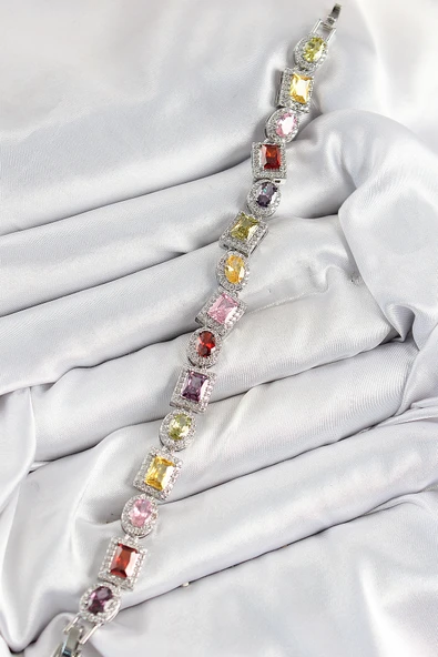 Pirinç Karışık Zirkon Taşlı Baget Model Gümüş Renk VIP Seri Kadın Bileklik - EBJ250726W36771 - Resim 2