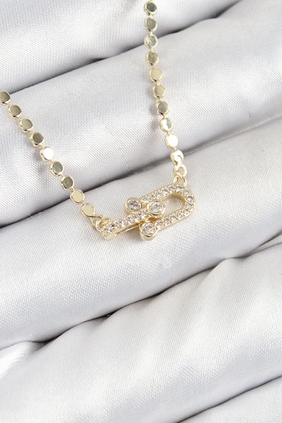 Pirinç Zirkon Taşlı Tifany Model Ezme Zincir Gold Renk Kadın Kolye - EBJ250726W36924 ürün görseli