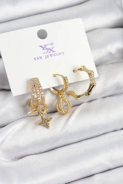 Pirinç Zİrkon Taşlı Sallantılı Yıldız Model Gold Renk 3'lü Kadın Küpe - EBJ250726W36711 ürün görseli