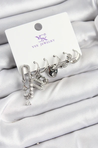 Pirinç Zİrkon Taşlı Dikdörtgen Model Gümüş Renk 3'lü Çift Kadın Küpe - EBJ250726W36727 ürün görseli