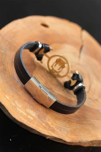 Gold Renk Baykuşlu Metal Aksesuarlı Siyah Renk Deri Erkek Bileklik - EBJ250726W36948 - Resim 2