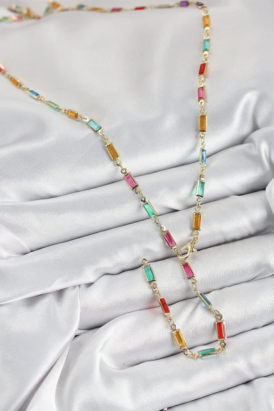 Pirinç Renkli Zirkon Taşlı Dikdörtgen Model Gold Renk Kadın Y Kolye - EBJ250726W36755 - Resim 2