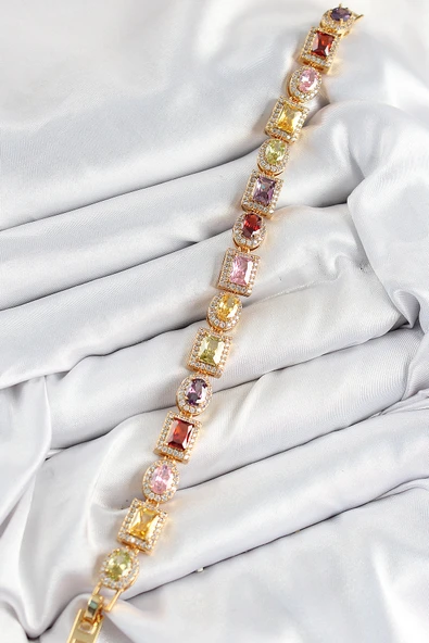 Pirinç Karışık Zirkon Taşlı Baget Model Gold Renk VIP Seri Kadın Bileklik - EBJ250726W36772 - Resim 2