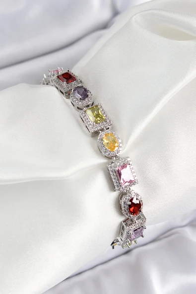 Pirinç Karışık Zirkon Taşlı Baget Model Gümüş Renk VIP Seri Kadın Bileklik - EBJ250726W36771 ürün görseli
