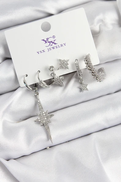 Pirinç Zİrkon Taşlı Kutup Yıldızı Model Gümüş Renk 3'lü Çift Kadın Küpe - EBJ250726W36723 ürün görseli