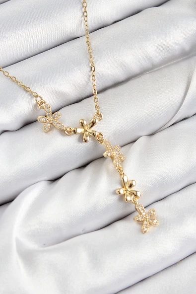 Zirkon Taşlı Çiçek Model Gold Renk Kadın Kolye - EBJ250726W36938 ürün görseli