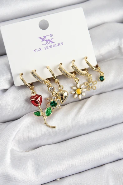 Pirinç Zİrkon Taşlı Gül Ve Papatya Model Gold Renk 3'lü Çift Kadın Küpe - EBJ250726W36730 ürün görseli