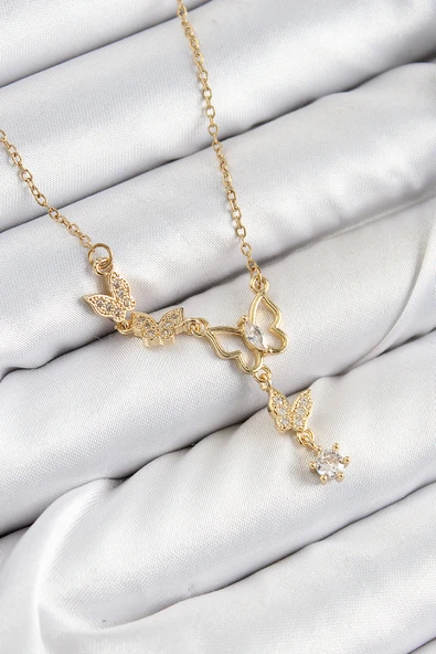 Zirkon Taşlı Kelebek Model Gold Renk Kadın Kolye - EBJ250726W36936 ürün görseli