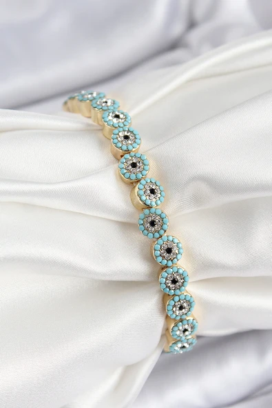 Pirinç Zirkon Taşlı Turkuaz Nazar Model Gold Renk Lastikli Kadın Bileklik - EBJ250726W36764 ürün görseli