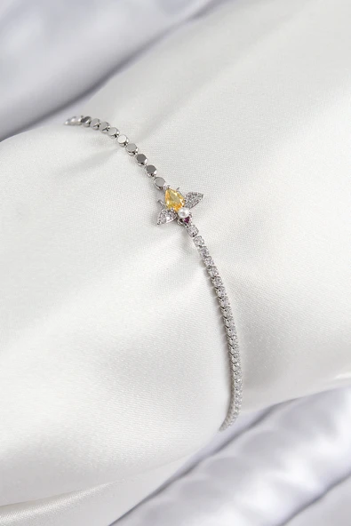 Pirinç Zirkon Taşlı Arı Model Ezme Zincir Gümüş Renk Kadın Bileklik - EBJ250726W36898 ürün görseli