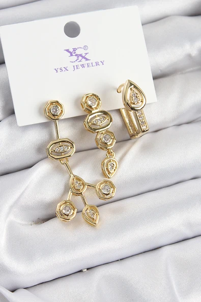 Pirinç Zİrkon Taşlı Geometrik Model Gold Renk 3'lü Kadın Küpe - EBJ250726W36710 ürün görseli