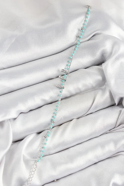 Pirinç Zirkon Taşlı Mavi Boncuklu Model Gümüş Renk Kadın Bileklik - EBJ250726W36884 - Resim 2