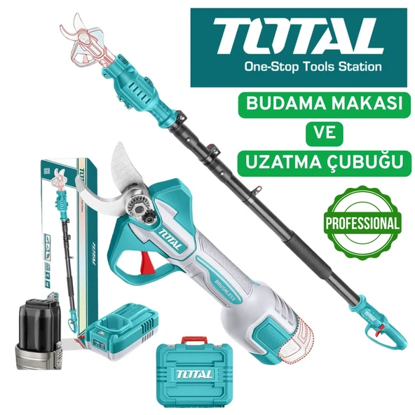 TOTAL Lİ-İON ÇİFT AKÜLÜ BUDAMA MAKASI + YÜKSEK DAL BUDAMA UZATMA ÇUBUĞU ürün görseli