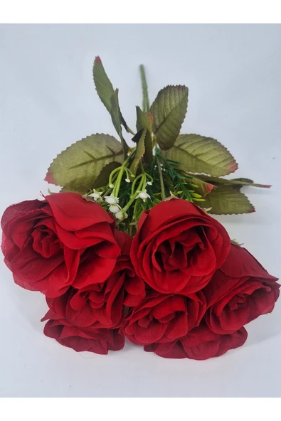 35 Cm Kırmızı Yakamoz Gülü – 7’li Yapay Gül Buketi, Dekoratif ve Zarif Aranjman - Resim 3