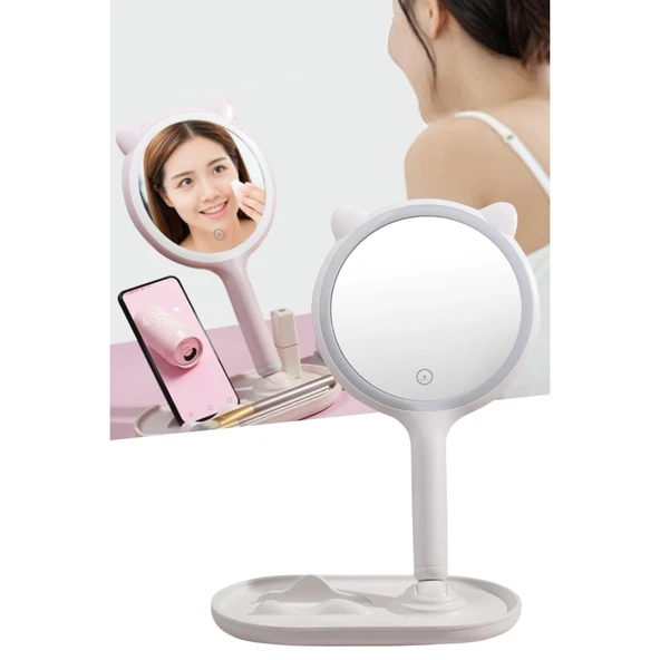 Buffer® Kedi Kulaklı Telefon Standlı Yuvarlak Dokunmatik Led Ayarlı Masa Üstü Makyaj Aynası - 6