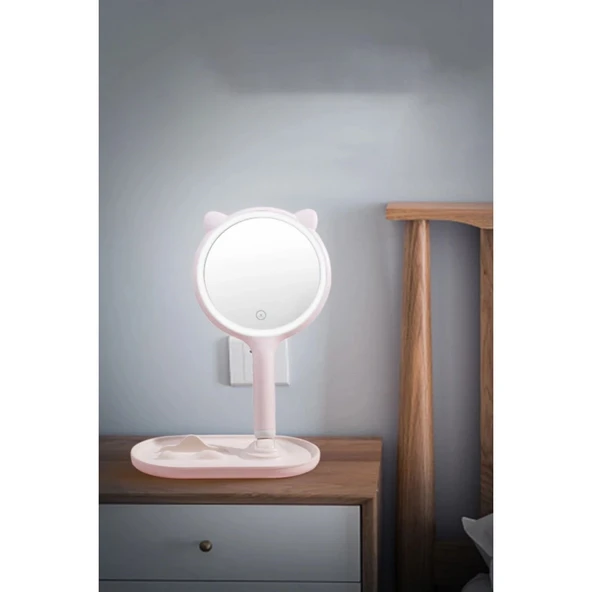 Buffer® Kedi Kulaklı Telefon Standlı Yuvarlak Dokunmatik Led Ayarlı Masa Üstü Makyaj Aynası - 7