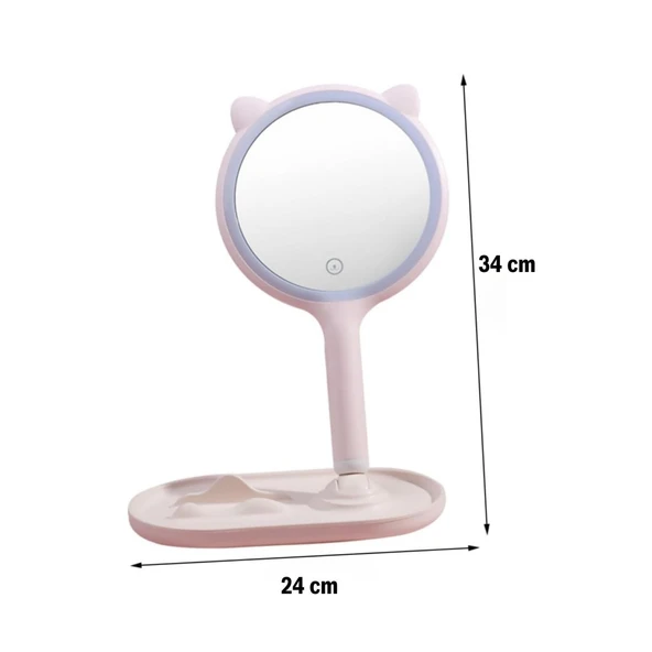 Buffer® Kedi Kulaklı Telefon Standlı Yuvarlak Dokunmatik Led Ayarlı Masa Üstü Makyaj Aynası - 8