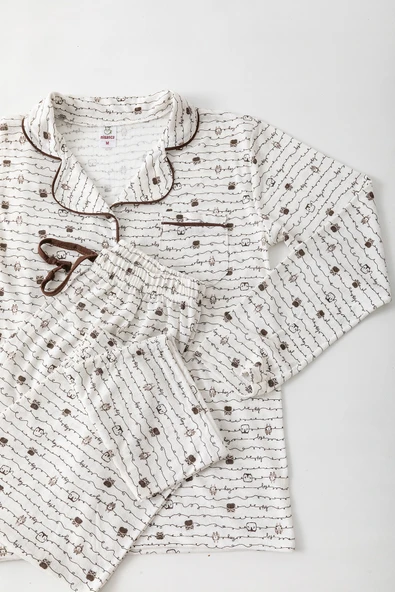 Uzun Kol Gömlek Yaka Kadın Pinterest Pijama Takımı - Mevsimlik Kadın Pijama- Geniş Beden Aralığı - Resim 4