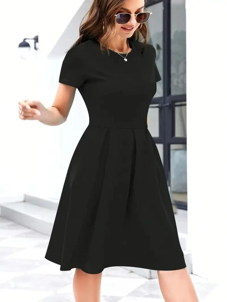 Kadın Kısa Kollu Bisiklet Yaka önden Pile Detaylı Janjan Krep Elbise - Resim 2