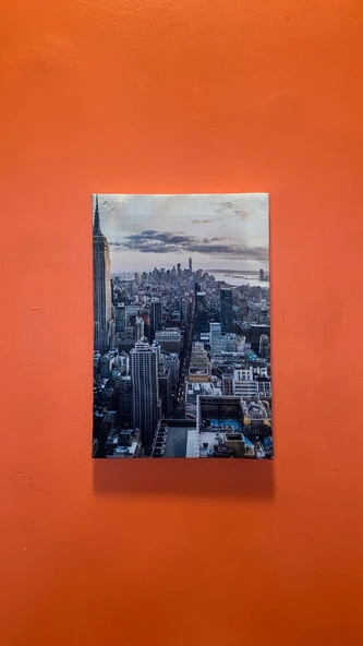 Gökdelen Ve Şehir Manzaralı Natürel Tasarım Ahşap Çerçeve Ev İşyeri Kanvas Tablo SHR11 - 3